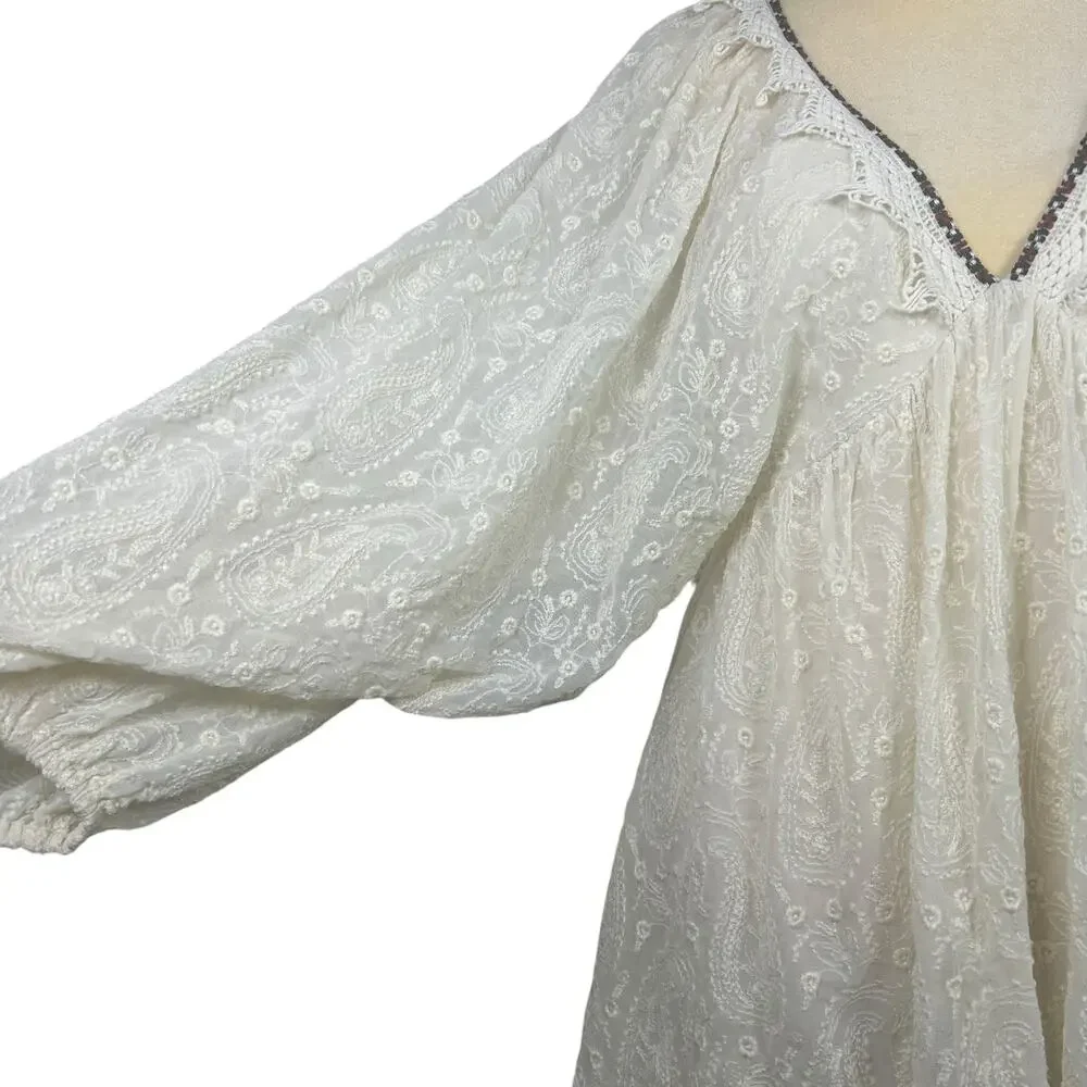 Free People Circle Of Love Embroidered MIni Dress V Neck Lace Up Back Size 12 - Picture 3 of 13